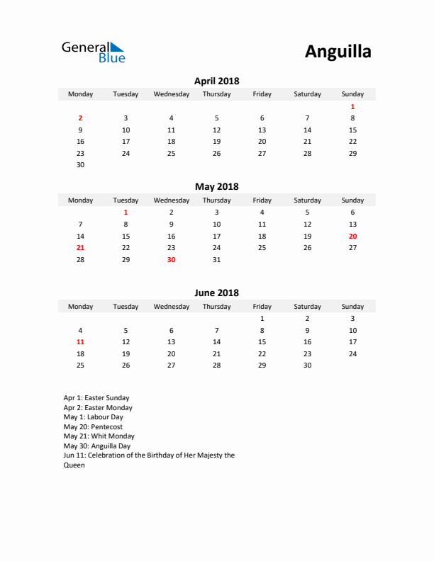 Printable Quarterly Calendar with Notes and Anguilla Holidays- Q2 of 2018