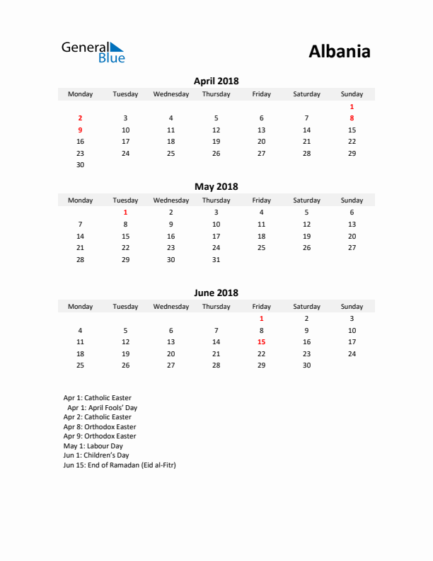 Printable Quarterly Calendar with Notes and Albania Holidays- Q2 of 2018