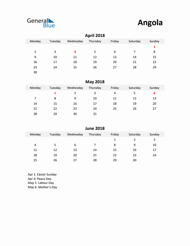 Printable Quarterly Calendar with Notes and Angola Holidays- Q2 of 2018