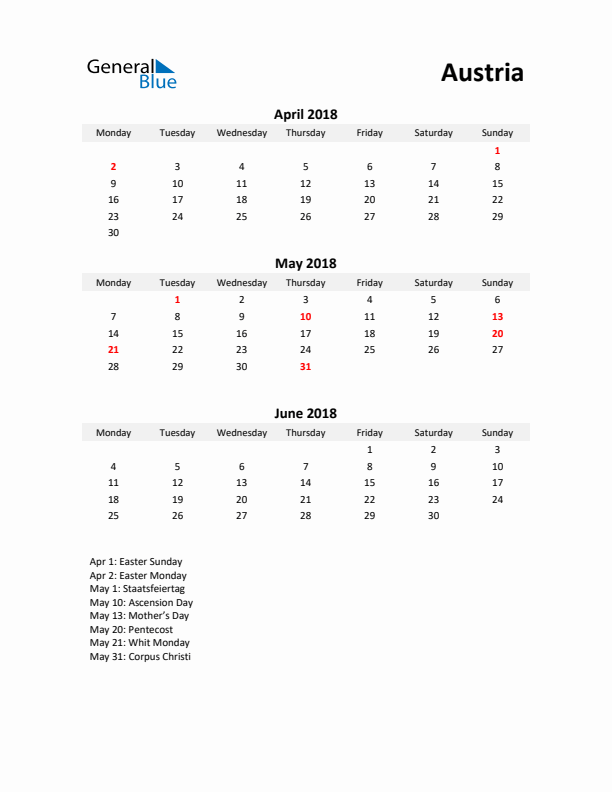 Printable Quarterly Calendar with Notes and Austria Holidays- Q2 of 2018