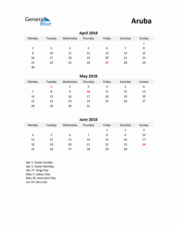 Printable Quarterly Calendar with Notes and Aruba Holidays- Q2 of 2018