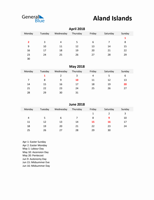 Printable Quarterly Calendar with Notes and Aland Islands Holidays- Q2 of 2018