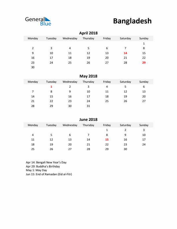 Printable Quarterly Calendar with Notes and Bangladesh Holidays- Q2 of 2018