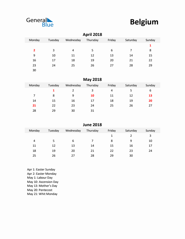 Printable Quarterly Calendar with Notes and Belgium Holidays- Q2 of 2018