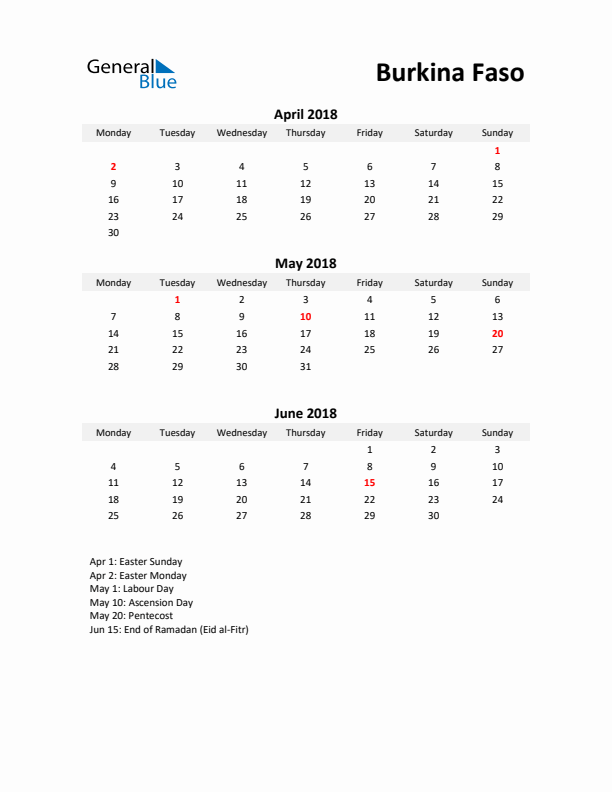 Printable Quarterly Calendar with Notes and Burkina Faso Holidays- Q2 of 2018