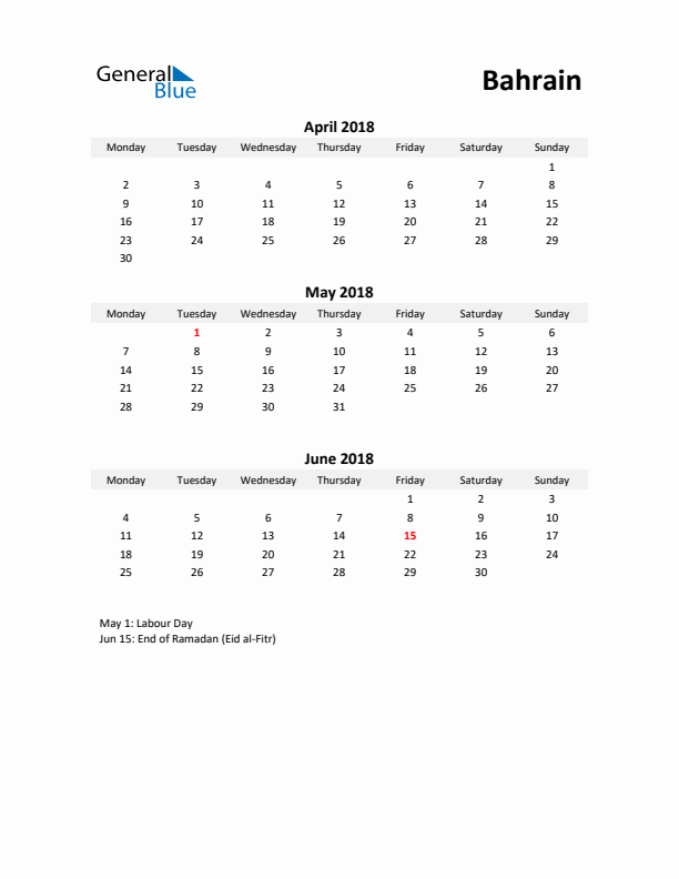 Printable Quarterly Calendar with Notes and Bahrain Holidays- Q2 of 2018