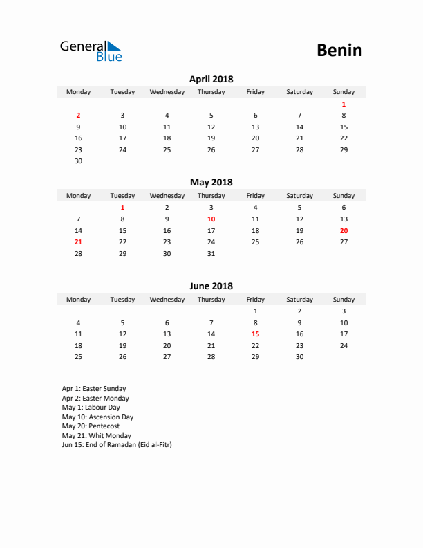 Printable Quarterly Calendar with Notes and Benin Holidays- Q2 of 2018