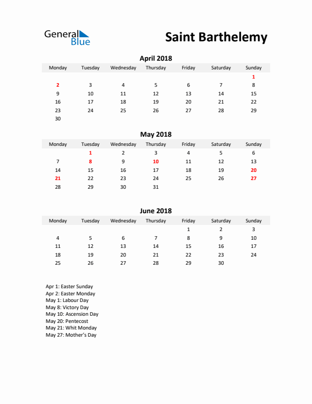 Printable Quarterly Calendar with Notes and Saint Barthelemy Holidays- Q2 of 2018