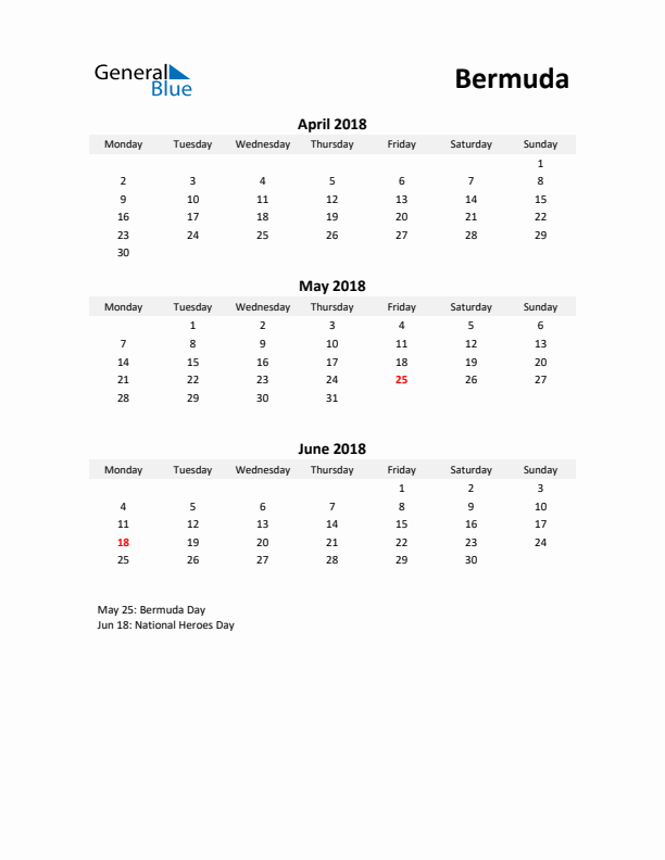 Printable Quarterly Calendar with Notes and Bermuda Holidays- Q2 of 2018