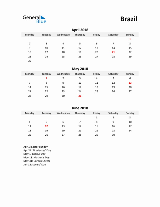 Printable Quarterly Calendar with Notes and Brazil Holidays- Q2 of 2018