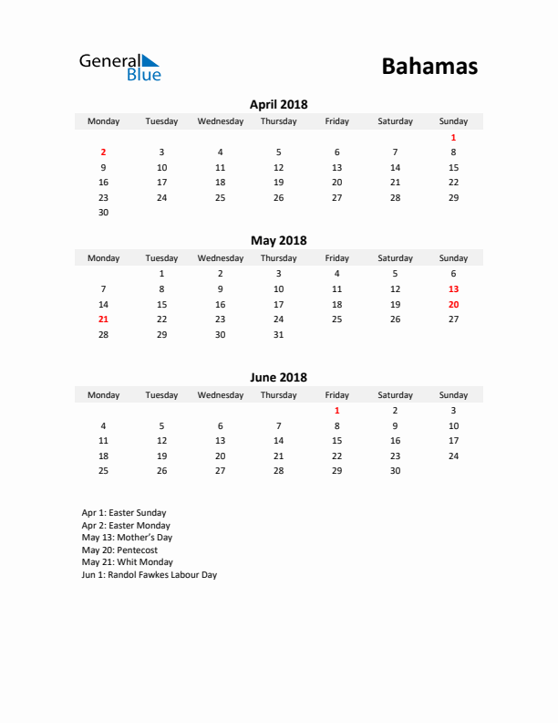 Printable Quarterly Calendar with Notes and Bahamas Holidays- Q2 of 2018