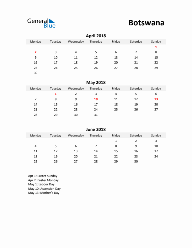 Printable Quarterly Calendar with Notes and Botswana Holidays- Q2 of 2018