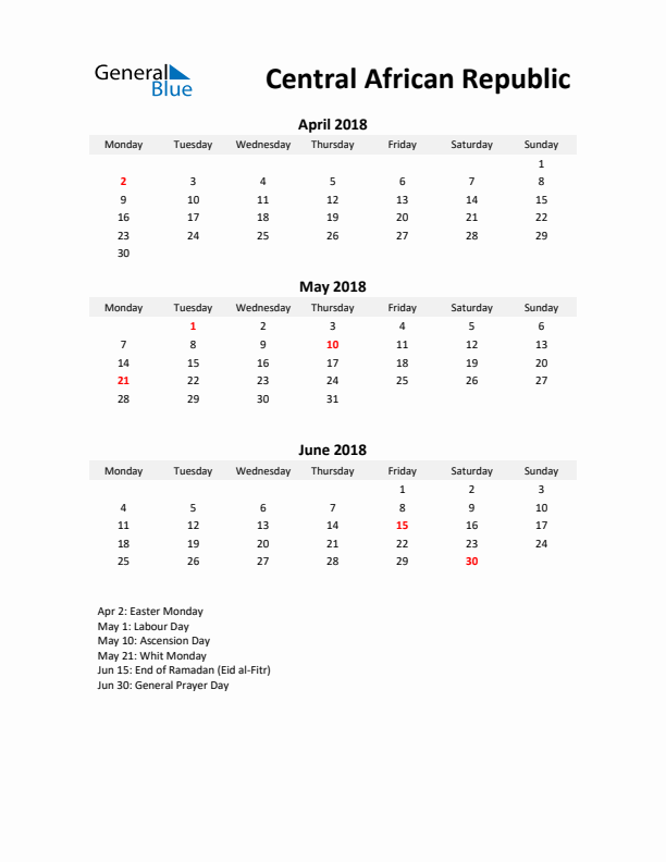 Printable Quarterly Calendar with Notes and Central African Republic Holidays- Q2 of 2018