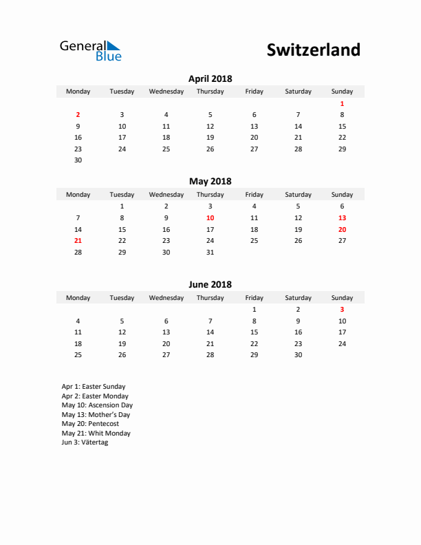 Printable Quarterly Calendar with Notes and Switzerland Holidays- Q2 of 2018