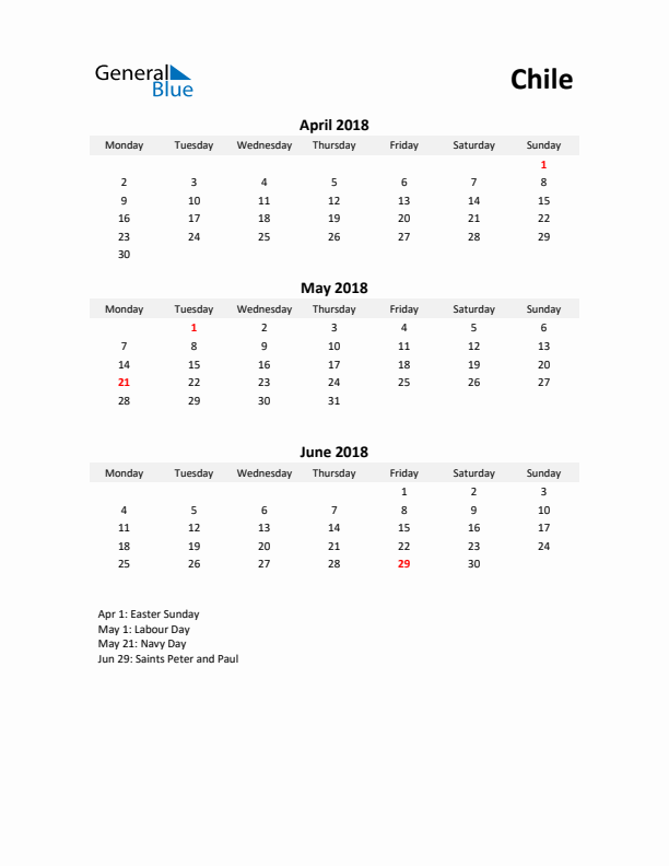 Printable Quarterly Calendar with Notes and Chile Holidays- Q2 of 2018