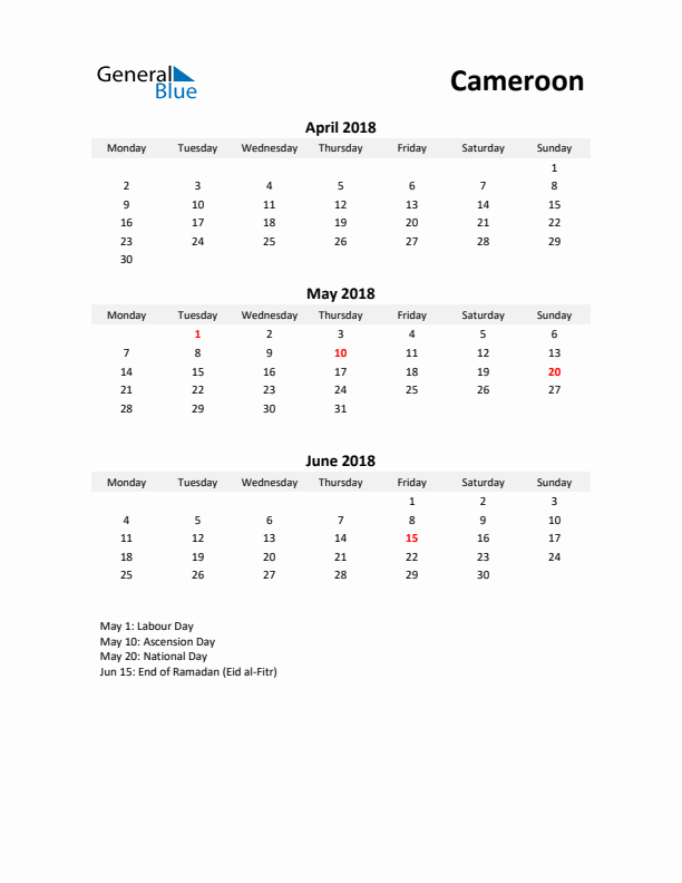 Printable Quarterly Calendar with Notes and Cameroon Holidays- Q2 of 2018