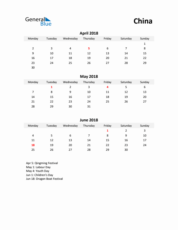 Printable Quarterly Calendar with Notes and China Holidays- Q2 of 2018