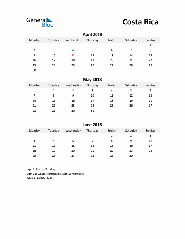 Printable Quarterly Calendar with Notes and Costa Rica Holidays- Q2 of 2018