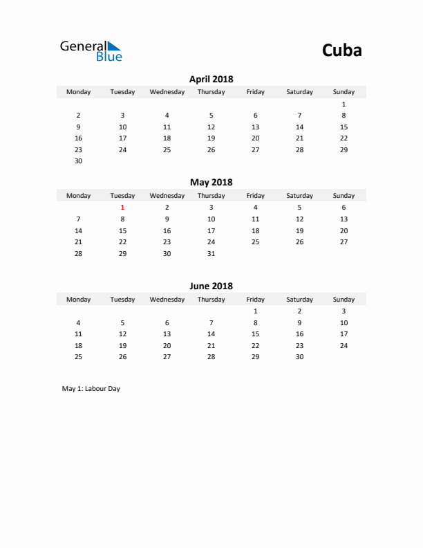 Printable Quarterly Calendar with Notes and Cuba Holidays- Q2 of 2018