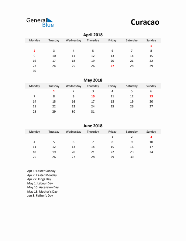 Printable Quarterly Calendar with Notes and Curacao Holidays- Q2 of 2018