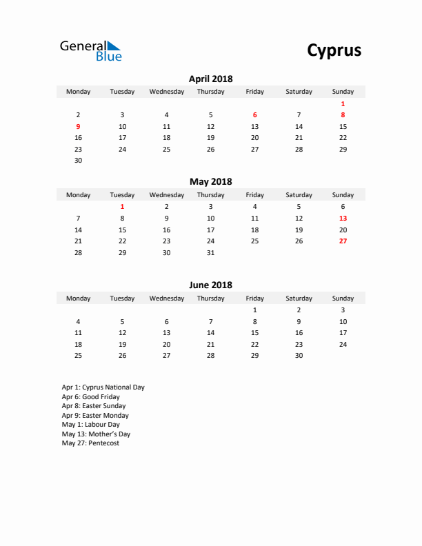 Printable Quarterly Calendar with Notes and Cyprus Holidays- Q2 of 2018