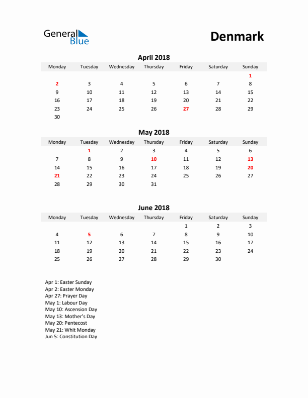 Printable Quarterly Calendar with Notes and Denmark Holidays- Q2 of 2018