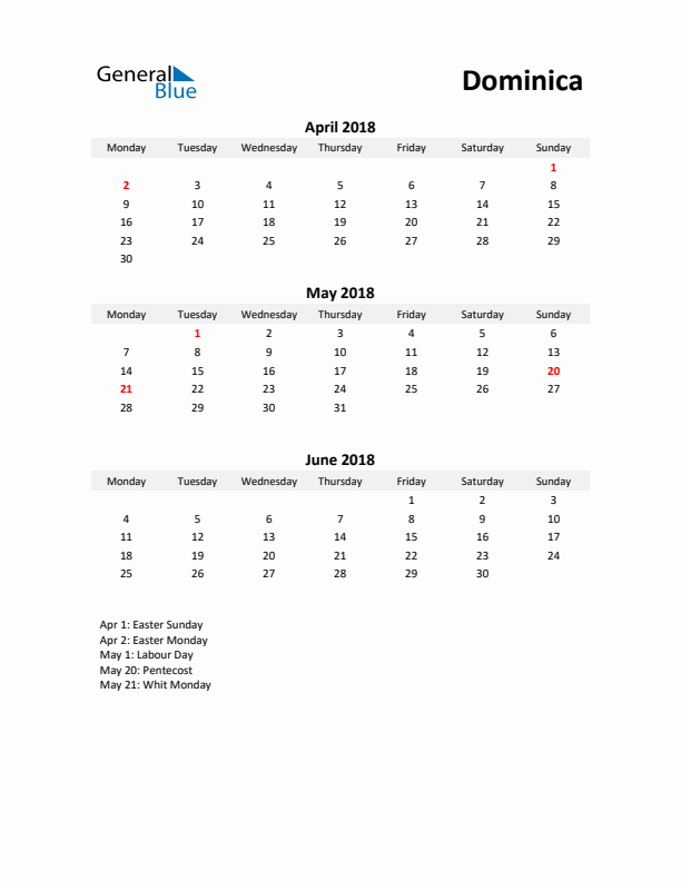 Printable Quarterly Calendar with Notes and Dominica Holidays- Q2 of 2018