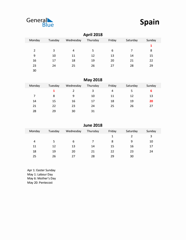 Printable Quarterly Calendar with Notes and Spain Holidays- Q2 of 2018