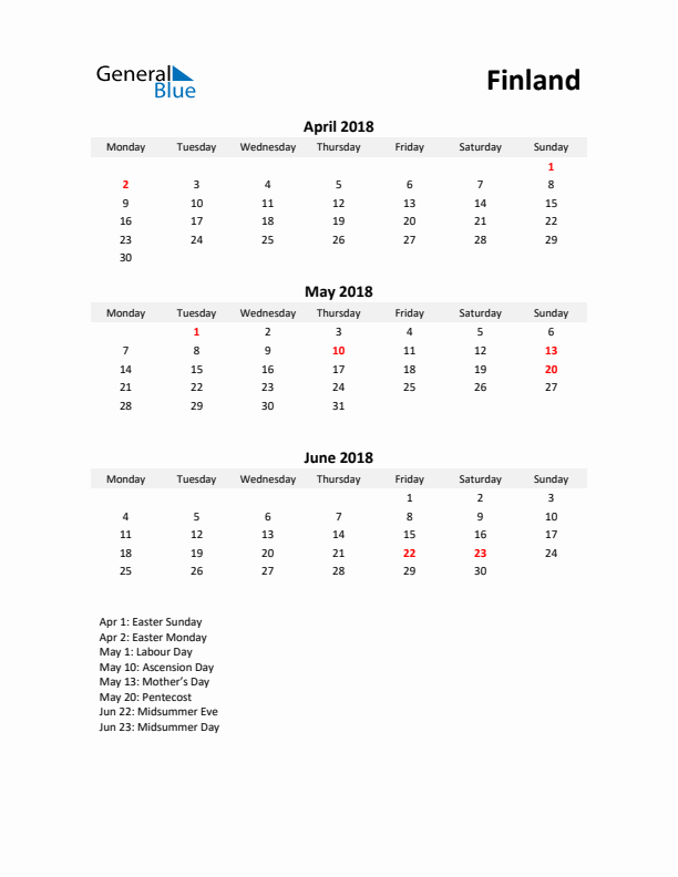 Printable Quarterly Calendar with Notes and Finland Holidays- Q2 of 2018