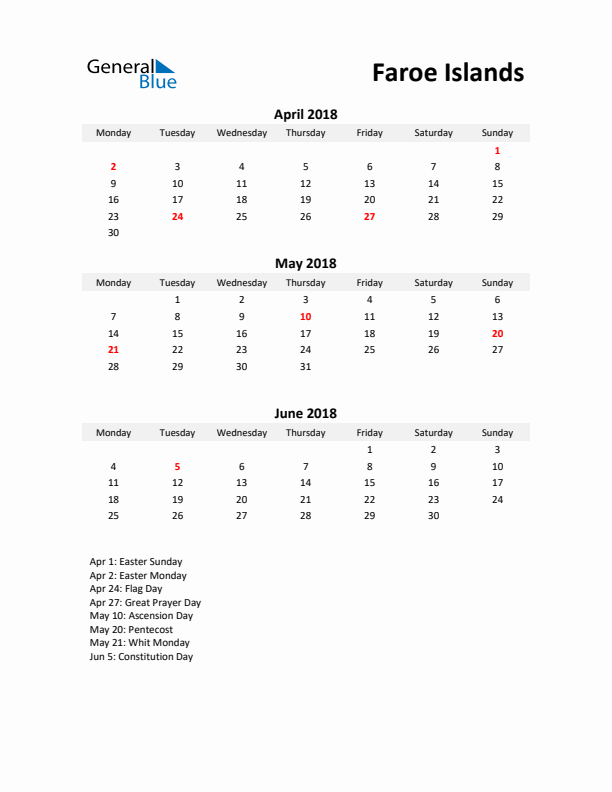 Printable Quarterly Calendar with Notes and Faroe Islands Holidays- Q2 of 2018