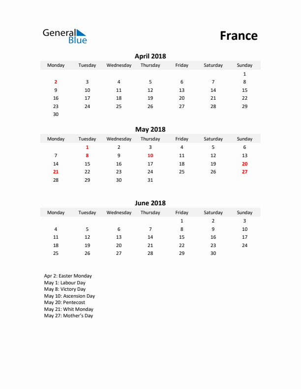 Printable Quarterly Calendar with Notes and France Holidays- Q2 of 2018