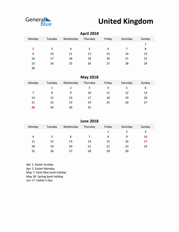 Printable Quarterly Calendar with Notes and United Kingdom Holidays- Q2 of 2018