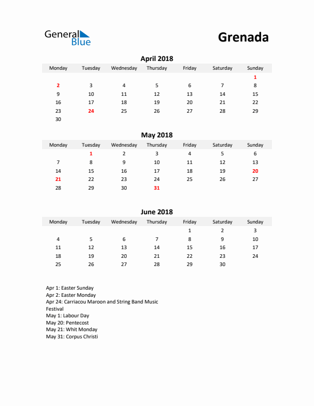 Printable Quarterly Calendar with Notes and Grenada Holidays- Q2 of 2018