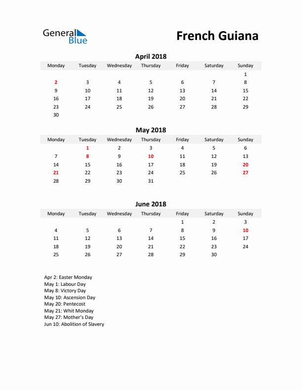 Printable Quarterly Calendar with Notes and French Guiana Holidays- Q2 of 2018