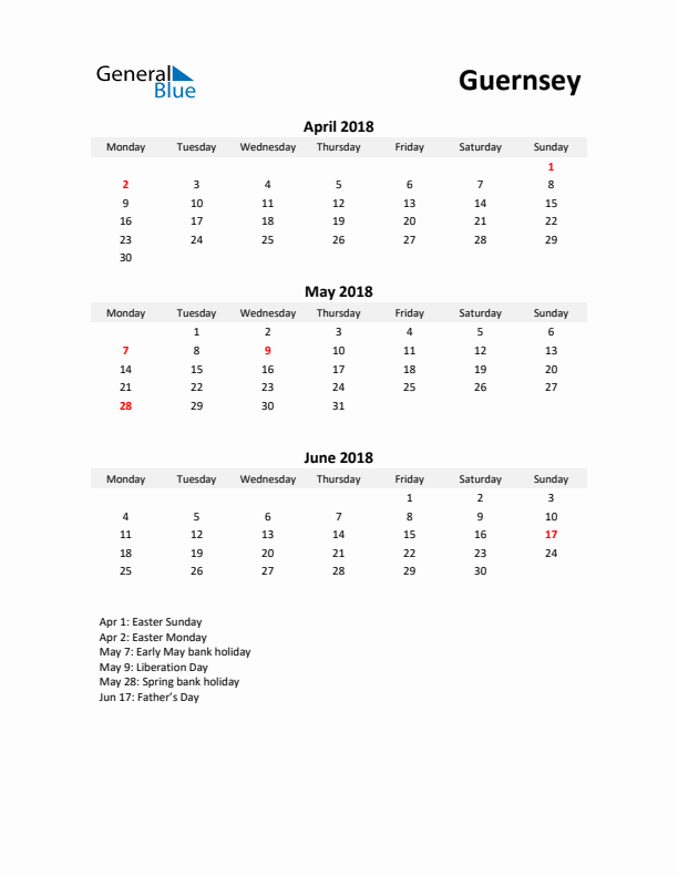 Printable Quarterly Calendar with Notes and Guernsey Holidays- Q2 of 2018