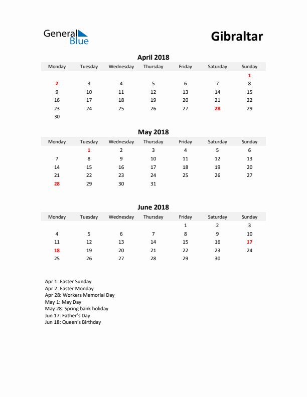 Printable Quarterly Calendar with Notes and Gibraltar Holidays- Q2 of 2018