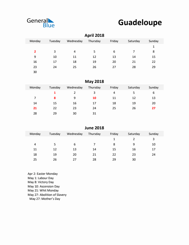 Printable Quarterly Calendar with Notes and Guadeloupe Holidays- Q2 of 2018