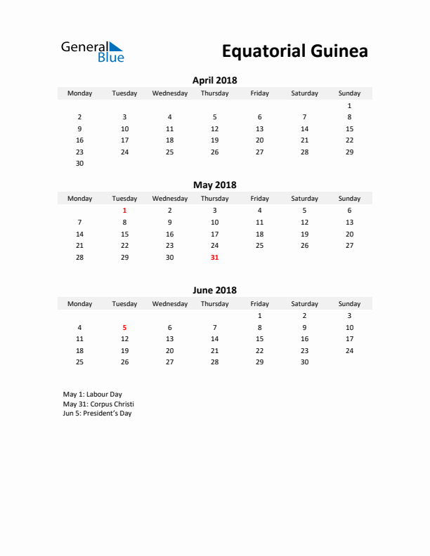 Printable Quarterly Calendar with Notes and Equatorial Guinea Holidays- Q2 of 2018