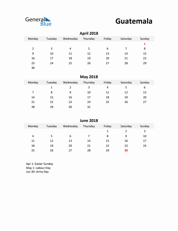 Printable Quarterly Calendar with Notes and Guatemala Holidays- Q2 of 2018