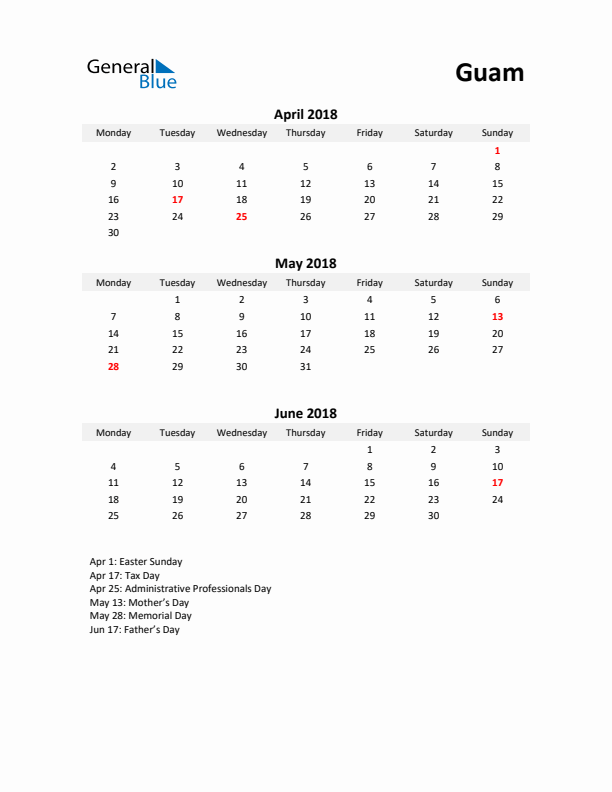 Printable Quarterly Calendar with Notes and Guam Holidays- Q2 of 2018