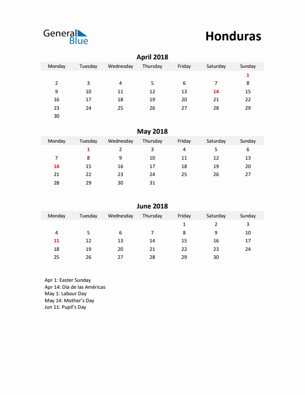 Printable Quarterly Calendar with Notes and Honduras Holidays- Q2 of 2018