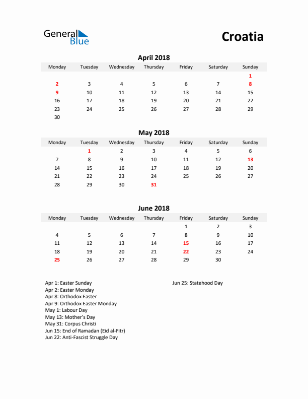 Printable Quarterly Calendar with Notes and Croatia Holidays- Q2 of 2018