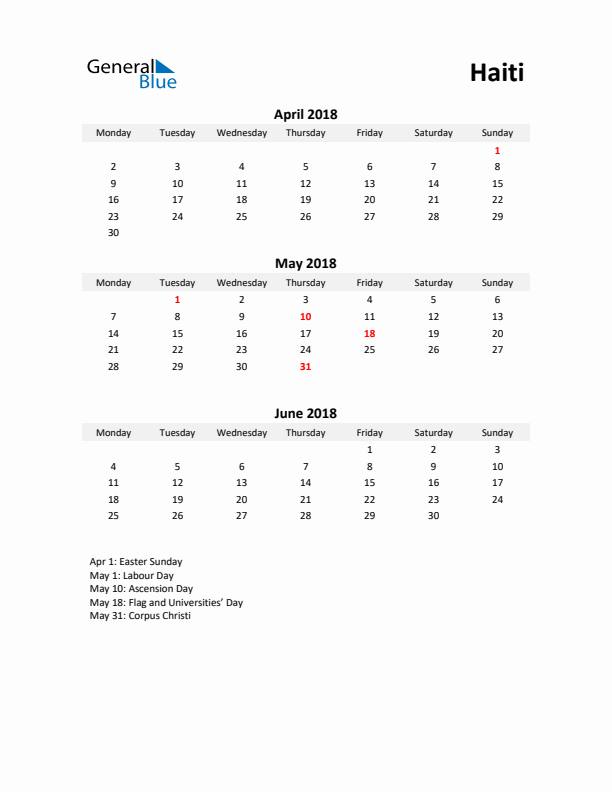 Printable Quarterly Calendar with Notes and Haiti Holidays- Q2 of 2018