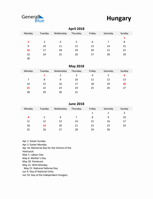 Printable Quarterly Calendar with Notes and Hungary Holidays- Q2 of 2018