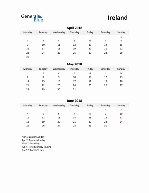 Printable Quarterly Calendar with Notes and Ireland Holidays- Q2 of 2018