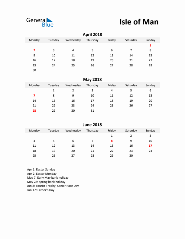 Printable Quarterly Calendar with Notes and Isle of Man Holidays- Q2 of 2018