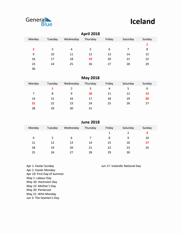 Printable Quarterly Calendar with Notes and Iceland Holidays- Q2 of 2018