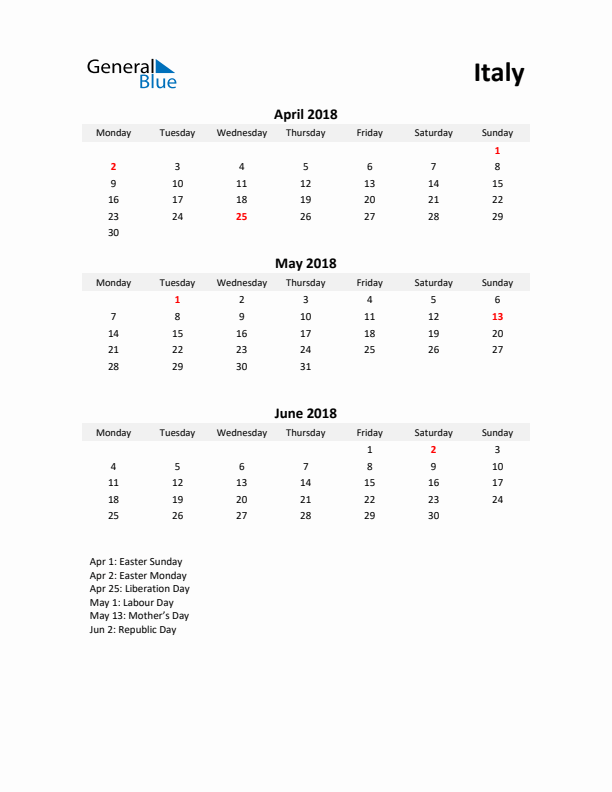 Printable Quarterly Calendar with Notes and Italy Holidays- Q2 of 2018