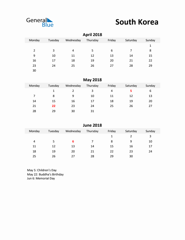 Printable Quarterly Calendar with Notes and South Korea Holidays- Q2 of 2018