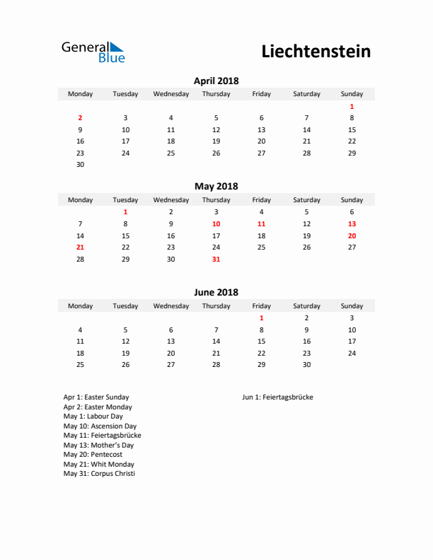 Printable Quarterly Calendar with Notes and Liechtenstein Holidays- Q2 of 2018